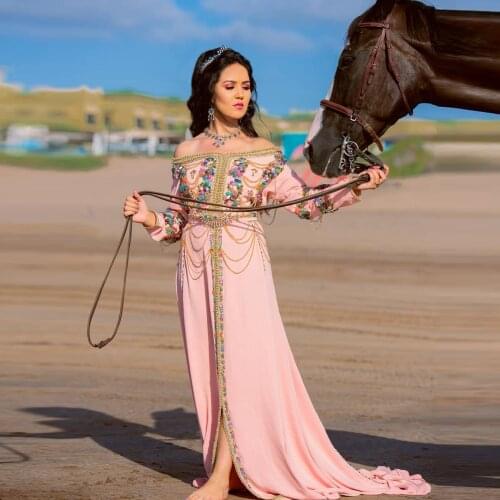 Moroccan Kaftan Prom Formal Dress Off Shoulder Colorful Applique Saudi Arab Muslim Party Gown Islamic Special Occasion Gown