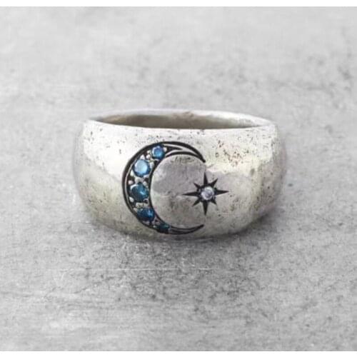 Fashion Blue/White Crystal Zircon Rings For Women Accessories Jewelry Silver-Color Vintage Moon Star Pattern Rings