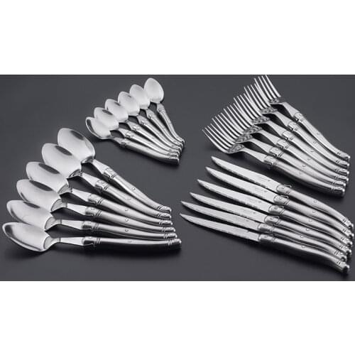 24pcs Laguiole style Stainless Steel Dinnerware Sets Hollow Handle Silver Cutlery Steak Knife Fork Spoon Teaspoon Wedding Party