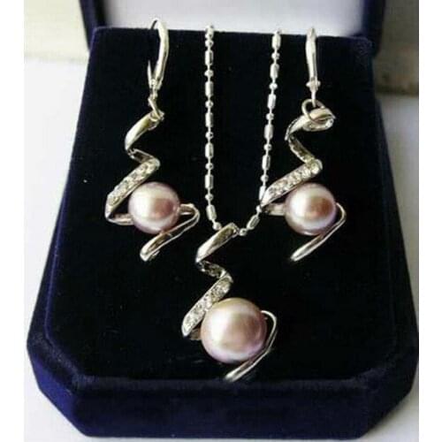 Natural Purple Akoya Cultured Pearl Pendant Necklace + Earrings Set AAA+ Jewelry
