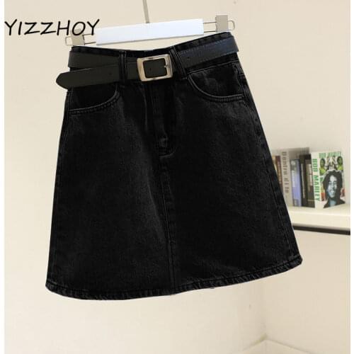 YIZZHOY 2021 New Spring Summer Women Blue Denim Skirt Casual Female High Waist A-line Mini Jeans Black Skirts with Belt