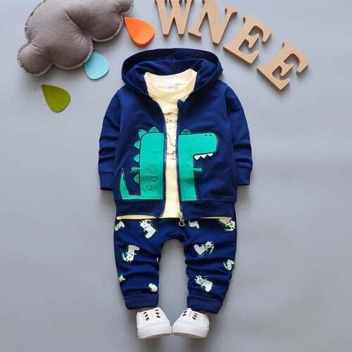 PatPat Spring and Autumn 3-piece Baby Toddler Lovely Dino Print Hooded Coat and Long-sleeve Tee with Pants Sets Three Colors