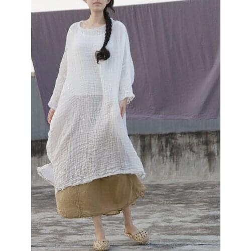 New Simple Brief White Robes Women Cotton Dress Casual Big Size Loose O-Neck Pleated Irregular Loose Dresses Original Vestidos