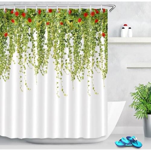 Spring Plant Leaf Shower Curtains Rose Flower Green Vine Waterproof Fabric Bathroom Curtain Leaves Printing Bath Shower Curtains
