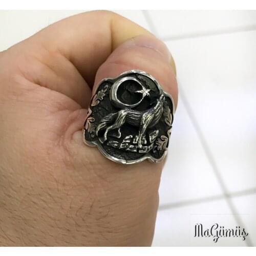 3 Crescent Gray Wolf Thumb Ring In Traditional (Archer Ring) Silver mens ring