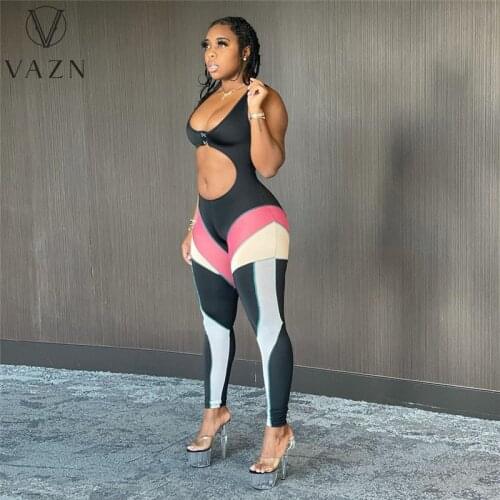 VAZN 2021 Hot Special Sexy Patchwork Black Office Lady Women Sleeveless V-neck Party Beach Jumpsuits Full Pant Bandage Rompers