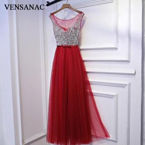VENSANAC 2018 O Neck Luxury Crystals Long A Line Evening Dresses Lace Elegant Sequined Bow Sash Party Prom Gowns