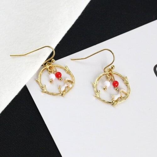 Hollow Tree Branches Ear Drop Jewelry Women Gold Color Dangle Earrings Round Circle Beads Tassel Charm Enamel Squirrel Eardrop