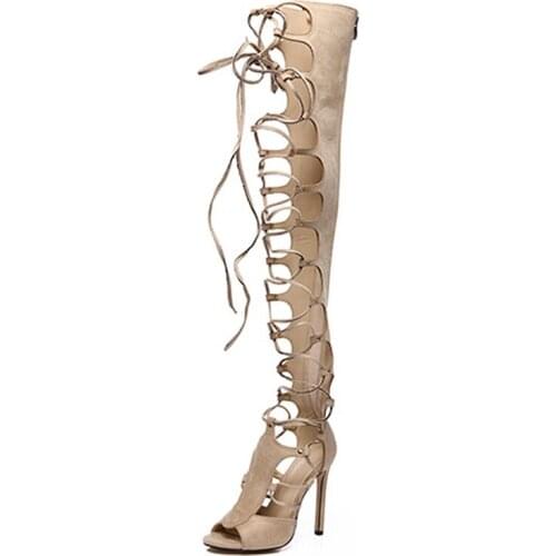 2021 Summer Boots Peep Toe Womens Shoes Fashion Sexy Stilettos Toe Hollow Out Apricot Black Cool Boots Over the knee high boots