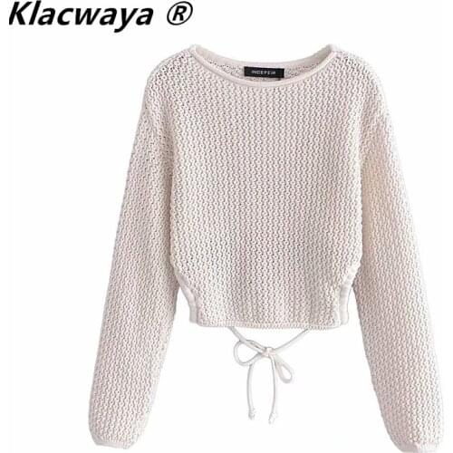 Klacwaya Women Sweater Open Back Knitted Sweater Female Long Sleeve Vintage Knit Pullover Fashion Tied Thin Sweaters Jersey
