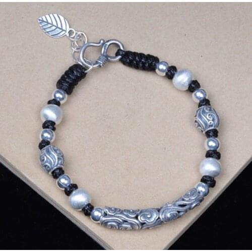 BOCAI new real S999 pure silver auspicious cloud elbow bracelet female vintage frosted silver beads hand-woven woman bracelet