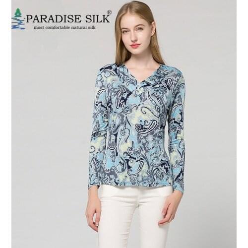Womens Long Sleeve Natural Silk Overlapping Small V Neck Floral Print Vest Shirt Size L XL XXL XXXL