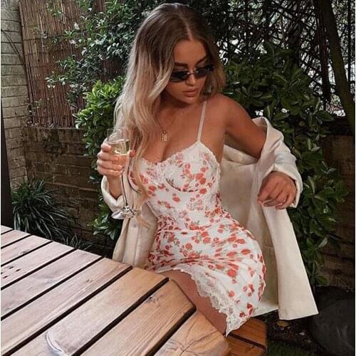 2021 Summer Lace Floral Print Harajuku Women Sexy Mini Party Dresses Ladies Backless Robe Femme Casual Bodycon Club Vestidos