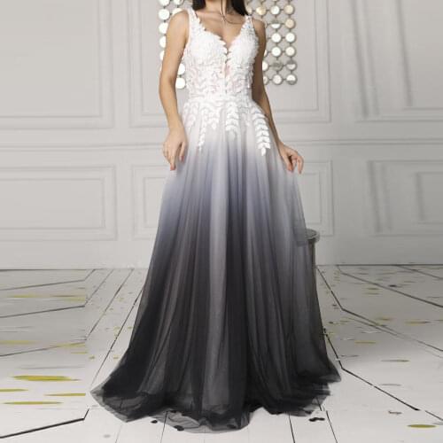 Elegant Gradient Gray Lace Applique Tulle Dress Floor Length V-neck Backless Tulle A-line Women Dress Custom Made Plus Size