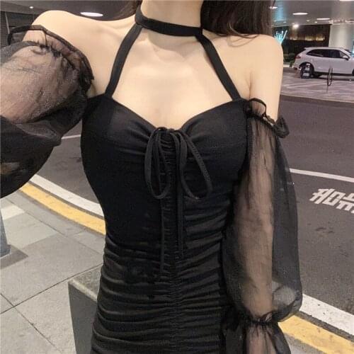 WOMENGAGA Summer Halter Lace Long Sleeve Drawstring Pleated Hot Sexy Low Cut Backless Short Dress Women 4DE8