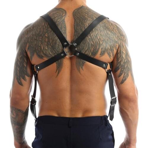 Harness Mens Hot Sexy Leather Body Chest Harness Suspenders Belt with Buckles Metal O-Rings Harness Belt Gay Homme Sex Costume