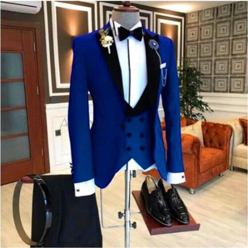 Blue Business Mens Suits with Peak Lapel 3 Piece Formal Wedding Groomsmen Tuxedo for Prom Male Fashion Set Jacket Pants Vest