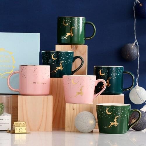 “All the way to you” Ceramic Mugs Nordic Elk and Starry Sky Design Color Glaze Coffee Tea Cups With Spoon High-quality Porcelain