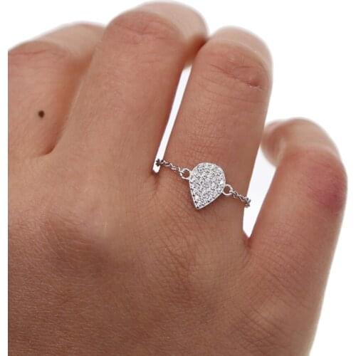 Hot 100% 925 Sterling Silver tear drop cz Together Chain Rings With clear CZ Authentic Luxury Adjustable Ring Fashion Jewelry