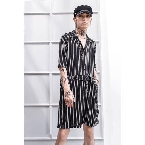 Jumpsuit men hip hop short sleeve shorts Korean style personality vertical stripe youth Jumpsuit stage wear