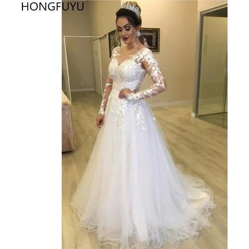 HONGFUYU Floral Lace Long Sleeves Wedding Bridal Gowns with Tulle Skirt O-neck свадебное платье Wedding Dresses Covered Button