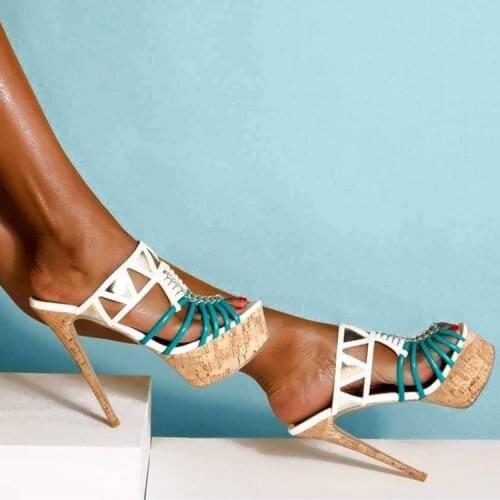 Summer Wooden Grain Platform Mixed Color Straps High Heels Slipper Triangle Cut out Sandals Woman open toe Street Dress Shoes