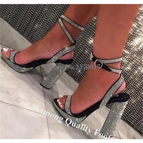 Linamong Bling Bling Shining Open Toe Rhinestone Chunky Heel Sandals Silver Crystal Strap Cross Thick High Heel Sandals Heels