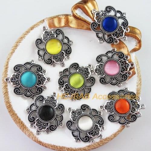 Fashion 8Pcs New Flower Charms Tibetan Silver Tone Retro Mixed Cat eye Stone Connectors 27.5x31.5mm