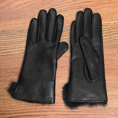 Genuine Leather Womens Gloves Autumn Winter Thermal Plush Lined Wrist Rabbit Hair Black Sheepskin Gloves Female L6124-2