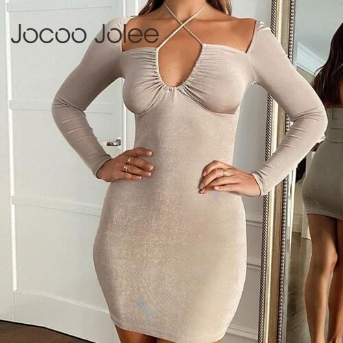 Jocoo Jolee Sexy Long Sleeve Lace Up Backless Bodycon Dress Women Autumn High Waist Mini Dress Elegant Evening Party Club Dress