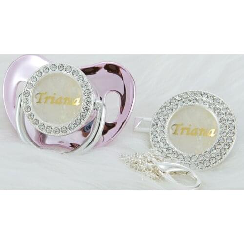 MIYOCAR custom any name silver pearl bling pacifier and pacifier clip BPA free dummy bling unique gift baby shower PS