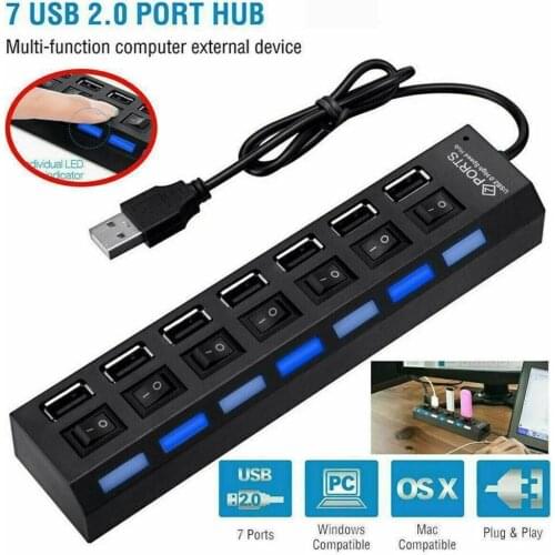 1PC HUB 2.0 HUB Multi USB Splitter 7 Port Expander Multiple Hab Use Power Adapter USB3.0 Hub with Switch For PC