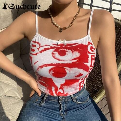 SUCHCUTE Eye Printed Harajuku Vintage Crop Tops Summer Fashion Skinny Camisole For Women Gothic Casual Basic Female Tank Tops