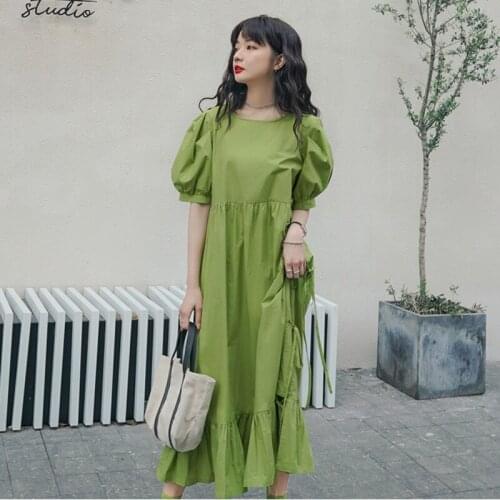 Green Dress Women Puff Sleeve Loose Vintage Long Dresses For Women 2021 Summer Korean Sweet Clothes Elegant Dress Female CX1718
