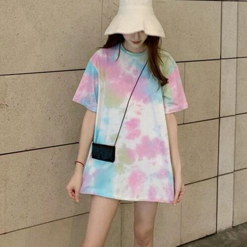 Womens Casual Tie Dye Tee Shirt Round Neck Print Short Sleeve Loose Korean Style Ladies Sweet Tops Women Clothing