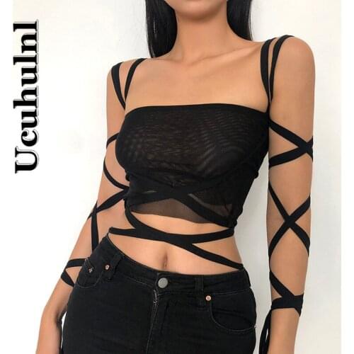Gothic Women Tank 2021 Summer Sexy Slim Mesh Bandage Solid Black Tee Fashion Streetwear Wild Basic Was Thin Lady Vest Crop Tops