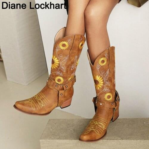 Plus size Vintage Roman Embroidery Cowboy Boots For Women Autumn Westerm Boots Retro Booties Women Ladies Shoes Femal Chaussures