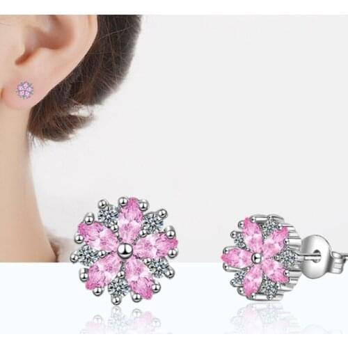 2019 New Temperament Silver Color Pink Crystal Zircon Cherry Blossom Flowers Stud Earrings For Women Girl Party Gifts