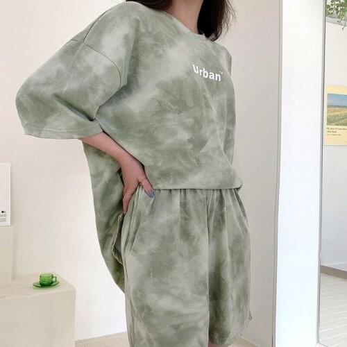 Retro Brand Green Tie Dye Cotton Two Piece Sets Women Comfort Tracksuit 2021Summer Casual Plus Size Shorts T-shirt Teens Clothes