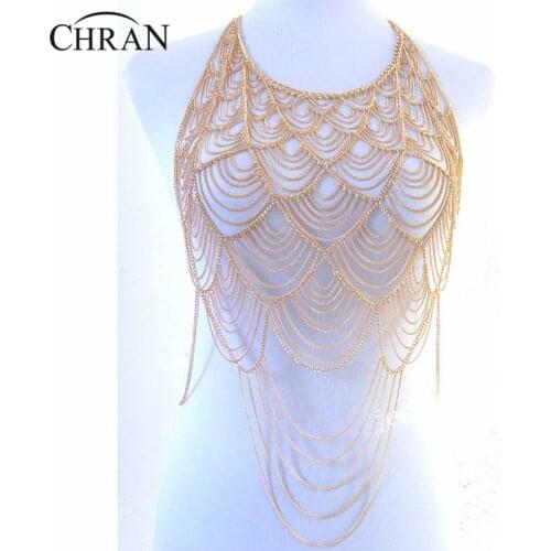 Chran Full Metal Body shoulder Chain Silver Gold Layered Europe Tassel Bib Necklace Bikini Harness Belly Dress Jewelry BSN205