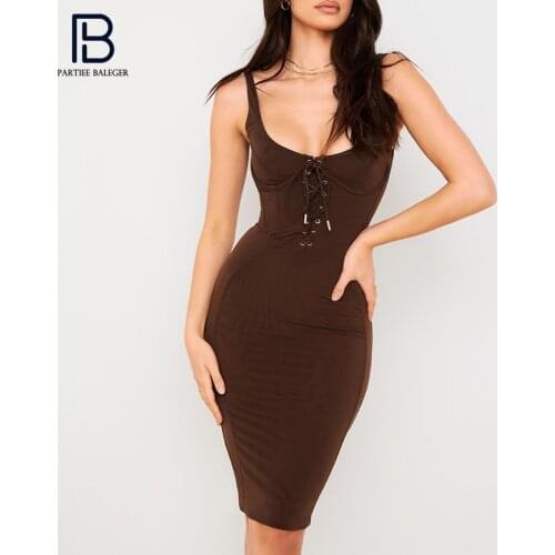 PB Chic Lace-up Design Brown Dress Sexy Sleeveless Square Collar Backless Celebrity Party Club Vestido Free Shipping