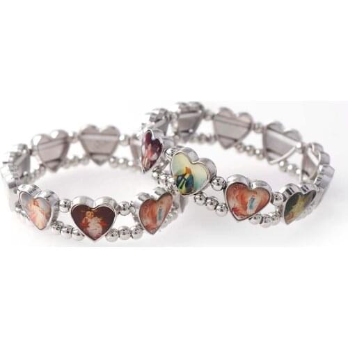 1 Pcs Elasticated Alloy Heart Catholic Saints Bracelet, Random Catholic Images Religion Jewelry