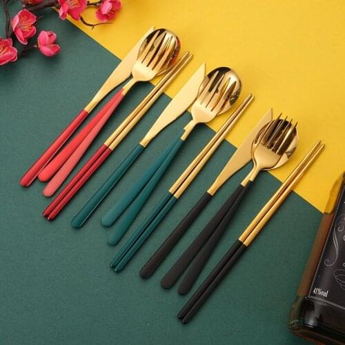 3/4pcs/set Stainless Steel Knife Spoon Fork Chopsticks Set Korean Travel Picnic Restaurant Kitchen Tableware Set