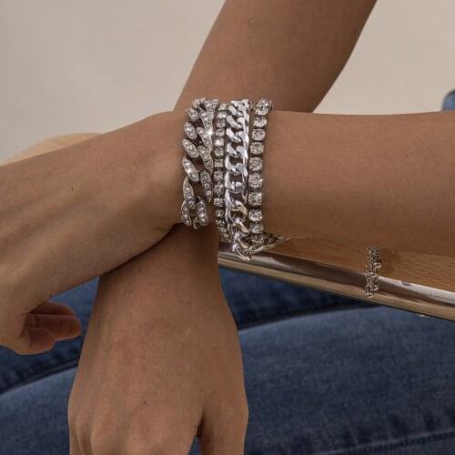 Cost effective 4 pieces Woman Hip hop Bracelet Combination Cuba Rhinestone Coppery Charm Shining Personality Punk Party