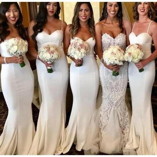Elegant Long White Spaghetti Straps Mermaid Bridesmaid Dresses Pleated Floor Length Lace Up Back Robes de Soirée for Women