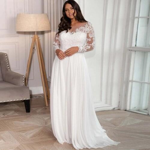 Elegant Plus Size Wedding Dresses Scoop Neck Long Sleeves Appliqued Chiffon Beach Bridal Gowns Back Lace UP Vestidos De Novia