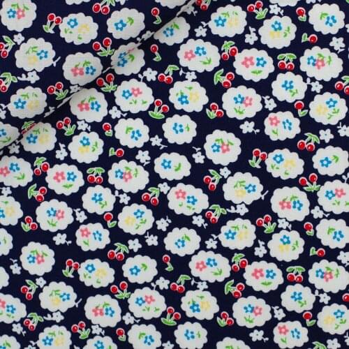 Printed Cotton Poplin Fabric, Flowers and cherries on Deep Blue,clothing,bedding,hadmaking, 100cmx140cm