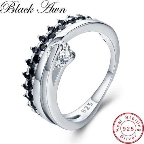 [BLACK AWN] Genuine 925 Sterling Silver Rings for Women Black Spinel Engagement Ring Sterling Silver Jewelry G042