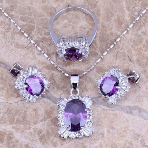 Purple Cubic Zirconia White CZ Silver Plated Jewelry Sets Earrings Pendant Ring Size 6 / 7 / 8 / 9 / 10 S0082