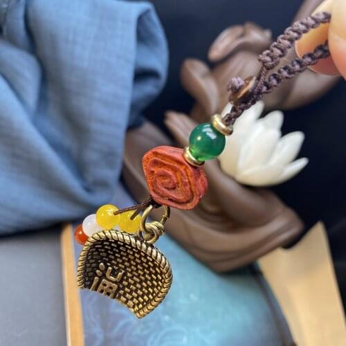 Brass Dustpan gourd Keychain Lucky Charm Chinese Car Key Chain Blessings Pure Copper Calabash Keyring Charms Wholesale